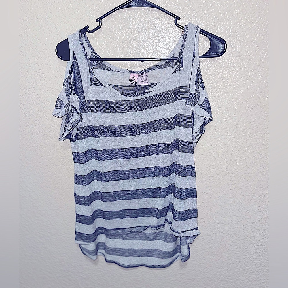 Gray Striped Over The Shoulder Top Size L ! BARELY WORN and GREAT QUALITY!